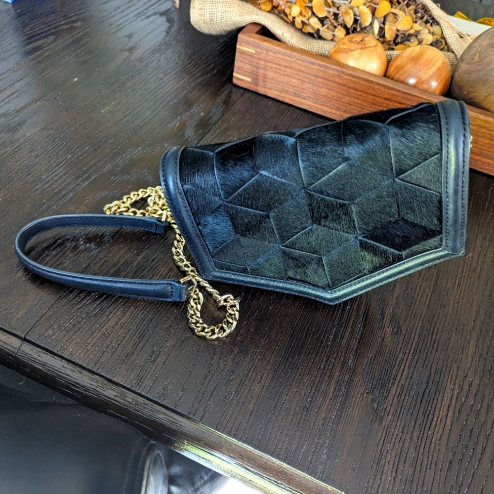 Welden Jaunt Calf hair on hide black cowhide leather crossbody chain bag